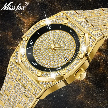 MISSFOX Luksuzni Watch Moških Edinstveno Klasična Led Out Diamond Pravi Kronograf Oblikovalec Zapestje Gledati iz Nerjavečega Jekla, Trak Dropshipping