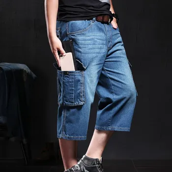 Moda Casual Moški Tele-Dolžina Jeans Hlače Moške Poletne Vrečasta Žepi Denim Hlače, Plus Velikost Naravnost Tovora Hlače Moška Oblačila