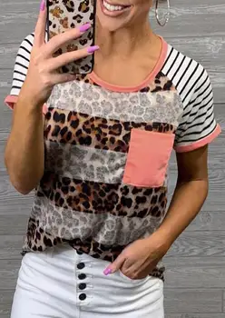 Moda Leopard Natisnjeni T-Shirt 2019 Poletje Priložnostne Žep Prugasta Vrhovi Tee Za Ženske Elegantna Majica s kratkimi rokavi Ženske Vrhovi camisetas