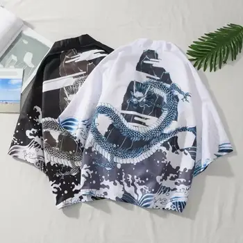 Moda Za Moške Risanka Poletje Wave Dragon 3/4 Rokav Odpri Prednji Kimono Yukata Jopico Plašč Kratkimi Rokavi Moški Priložnostne Cvet Plaži