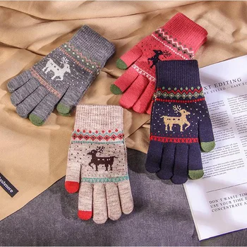 Modna ženska rokavice zimske plus žamet debele pletene Božič jelena polno prst rokavice za zaslon na dotik rokavice toplo jahanje rokavice A12