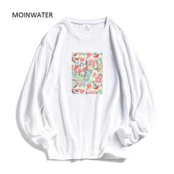 MOINWATER Novih Cvetje Print majica z Dolgimi rokavi za Ženske, Bombaž Beli Vrhovi Lady Priložnostne Black Tees MLT2102