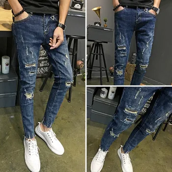 Moške jeans 2020 Moda tanke najstnikov kavboj raztrgala luknjo slim fit stretch svinčnik hlače hip hop priložnostne gleženj dolžina hlače tide