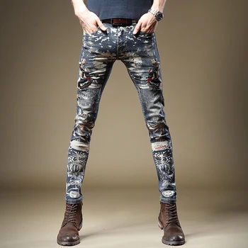 Moške Jeans, Moda, Vezenih Natisnjeni Stretch Traper Hlače Ulične Bombaž Modra Naravnost Slim Fit Hlače