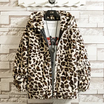 Moški Leopard Hooded suknjič Plašč Moški Jeseni, Pozimi Toplo Bomber Jakno Očarljivo Obleko Ulične Imitacija Krzna