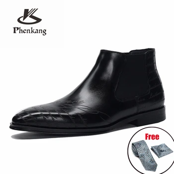 Moški zimski Škornji Pristen krava usnje chelsea škornji brogue priložnostne gleženj ravno čevlji Udobno kakovosti slipon obleko, čevlji 2021