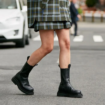 MUMANI Žensko 2021 Nove Zimske Pravega Usnja Chelsea Čevlji, Debele Pete Platformo Gleženj Škornji Ravno Dame Zdrsne na Kratko Škorenjčki
