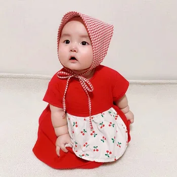 Newborn Baby Girl Obleke Obleka 2020 Poletje Korejska Različica Baby Girl Cherry Predpasnik Obleko Romper + Sline Brisačo