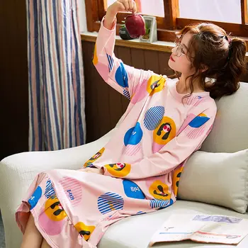Nightgowns Ženske Poletje 3XL Dolg Rokav Sleepwear Natisnjeni Ruffles Kawaii korejskem Slogu Ženska Pižame Priložnostne Stretchy Elegantno Novo