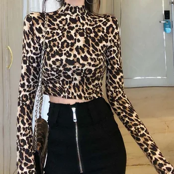 Nova Moda Seksi High Street Ženske Zebra Leopard Živali Tiskanja Majice Ženske Turtleneck Dolg Rokav Stretch Zebra Ženski Vrhovi i