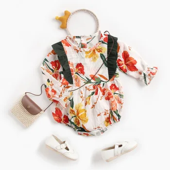 Obleka za malčke Pomlad Novega Dojenčka Dekleta z Dolgimi Rokavi Čistega Bombaža O-vratu Cvjetnim Tiskanja Romper Girls Srčkan Princesa Prostem Kostum