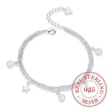 OL Preprost 925 Sterling Silver Pearl Star Čar Zapestnice Za Ženske Valentines Darilo Dvojno Plast Verige pulseira