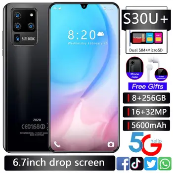 Pametni telefon Galxy S30U+ 8GB 256GB 4 Core Celoten Zaslon Android 10.0 Finger Print Obraz ID Dual Camera 4G5G Mobilni Mobilni Telefon Slušalka