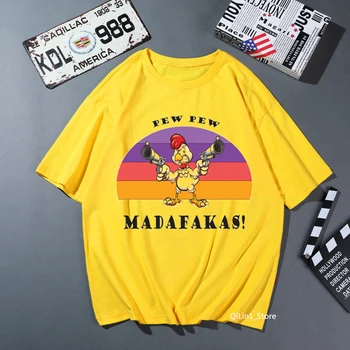 Pew Pew Madafakas majica s kratkimi rokavi ženske modi rumena tshirt femme kawaii Petelin s pištolo risanka tiskanja ženska t-shirt tumblr oblačila