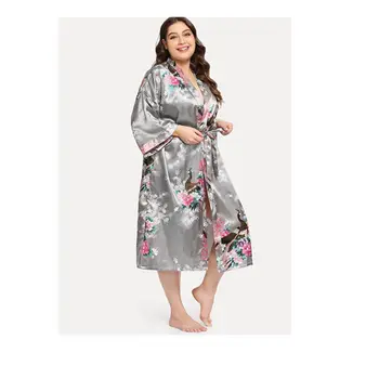 Pižamo žensk nightgown simulacije svile kimono plašč jopico pav dolgi kopalni plašč velik obseg сексуальный халат