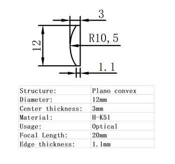 Plano Konveksno Lečo Premera 12 mm Goriščno razdaljo 20 mm H-K51 Objektiv Stekla Optičnega Bralnika Optične Leče