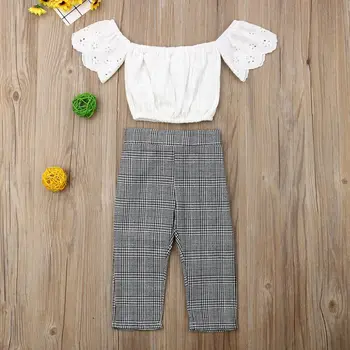 Poletna Oblačila, ki za Malčka Otroci Baby Dekleta 2PCS Kratek Rokav Off Ramenski Čipke Vrhovi Kariran Hlače, Dokolenke Obleke