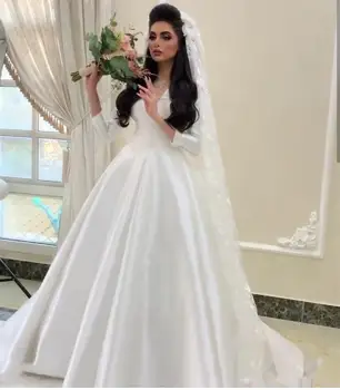 Poročna Obleka 2021 dolg Rokav Saten Seksi Proti-Vrat Poročne Obleke Luksuzni Zamah Vlak Savdska Dubaj Krasen Off Ramen Meri
