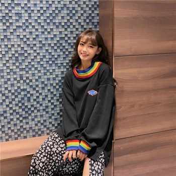 Pozimi srčkan mavrica element pulover Harajuku svoboden, priložnostne slog, ki divja mala moda sladko literarni fan dolgimi rokavi pulover ženske