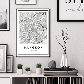 PREPRIČANI ŽIVLJENJE Sodobne Črno in Belo Bangkok Mesto Zemljevid Potovanja na Tajskem Platno Slikarstvo Poster Tiskanje Wall Art Slike za Dom Dekor