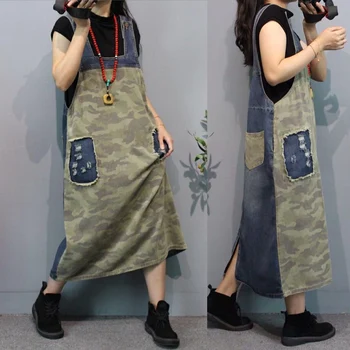 Prikrivanje Mozaik Jeansa Obleko Ženski Svoboden Trak hlače z Oprsnikom Jean Obleko Modne Vrečasta Naramnice Žep Maxi kavboj Dolgo Obleko