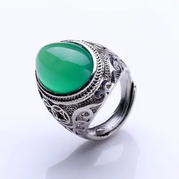 Resnična zelena chalcedony jade obroč z 925 sterling srebro moških prstanov raztegljivo prstan diamant blagovne znamke obroč naravni kamen nakit