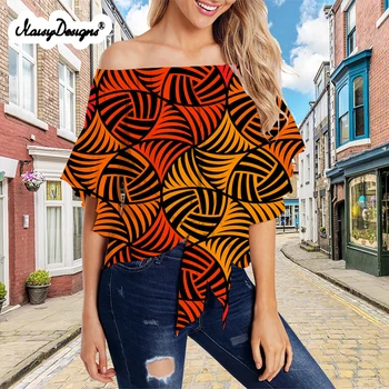 Seksi Ruffle Ženske 2020 Bluzo Majica Izklop Ramenski Afriške Vzorec Camisas Mujer Ulične Mode Highstreet Vrhovi Dropshipping