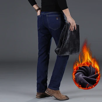 SHAN BAO Moške Opremljena Naravnost Zimski Flis Debele Udobno Toplo Jeans Oblačila blagovne Znamke Classic Značko Moda Traper Kavbojke