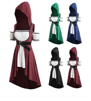 Srednjeveški Renaissance dress Vintage Ženske Čarovnica Čarovnik Plašč Tunika Pasu Elf Princess Maxi Obleka Vampir Hoodies Cosplay Kostumi