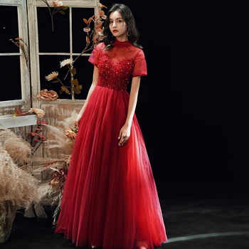 SSYFashion Novo Vino Rdeče Večer Drerss Banket Elegantno Visoko vratu Kristalno Beading Formalnih Obleke za Posebne Priložnosti Obleke Vestidos