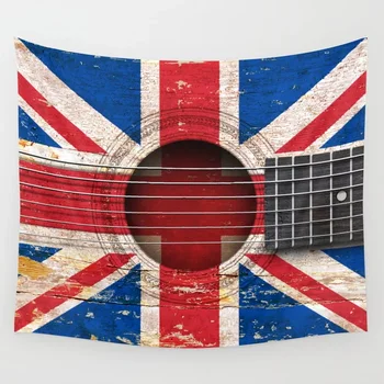 Stari Letnik Akustična Kitara z Unije Jack Britansko Zastavo Tapiserija Steni Visi Tapiserije Domu Wall Art Dom Dekor