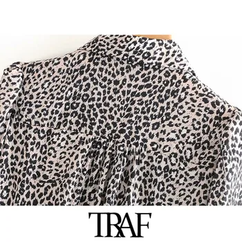 TRAF Ženske Modni Leopard, Tiskanje Nepravilne Vintage Bluze z Dolgimi Rokavi Živali Vzorec Ženske Majice Blusas Elegantna Vrhovi