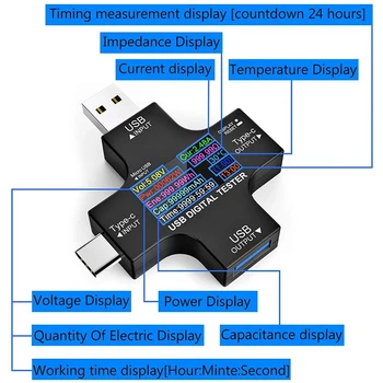 USB C Tester,2 v 1 Tip C USB Tester Barve Sn IPS Digitalni Multimeter,Napetost,tok,Moč,Odpornost,Temperatura,s Posnetka