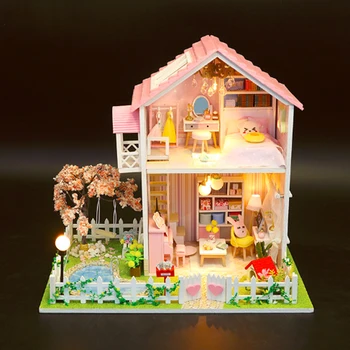 Ustvarjalne DIY Otroke, Odrasle, Mini Lutka hiša Leseni Kompleti Sestavljeni gradniki Sakura Ljubezen doma oprema igrače