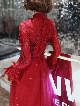 Vino Rdeče Dolg Rokav Večerne Obleke Za Ženske Do Leta 2020 Letnik Visoko Vratu Luksuzni Beading Appliques Elegantno Formalnih Obleke Plus Velikost