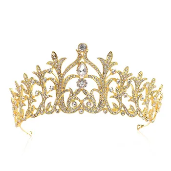 Vintage Kraljica Diadema Zlato kovinsko Nosorogovo Nevesta Krono in Tiara Alg Listov Kristalno Noiva Poročni Nakit, Pribor za Lase