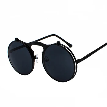 Vintage Steampunk Flip Up Moških sončna Očala Ženske Retro Krog Kovinski Okvir sončna Očala Tečaj Design Ukrivljen Očala Noge UV400