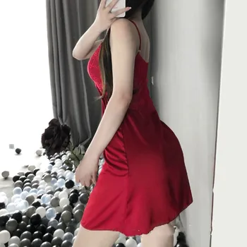 Visoka Kakovost Nove Seksi kostumi Perilo Suspender Nightgown Žensk Seksi Pižamo Prsih Pad Saten Domačo Rabo