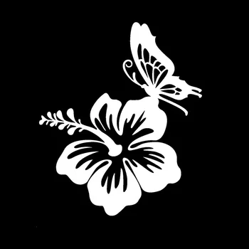 Volkrays Osebnost Avto Nalepke Hawaiian Hibiscus Cvet Metulj Pribor Reflektivni Vinilne Nalepke Črna/srebrna,14 cm*12 cm