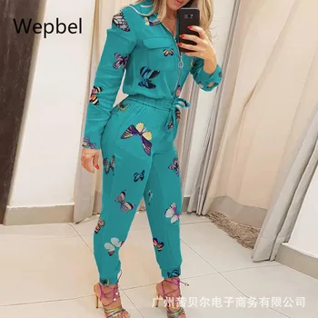 WEPBEL Visoko Wasit igralne obleke Modre Zadrgo Denim Jumpsuit Moda za Ženske Jumpsuits Dolg Rokav Priložnostne Dolge Hlače Kombinezon