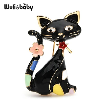 Wuli&baby Emajl Cvet Mačka Broške Za Ženske Luštna Mačka Hišne Živali Stranka Vzročno Broška Zatiči Gfits