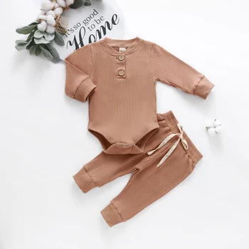 Za Malčke Baby Pletene Obleke Obleke Gumbi Krog Vratu Dolg Rokav Romper Vrh + Elastični Dolge Hlače