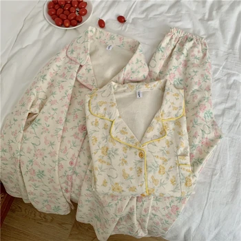 Zimsko posipanje ženske pižame nastavite river ovratnik cvjetnim tiskanja sleepwear majica pijamas 2 delni komplet hlače salon nositi domov obleko Y245