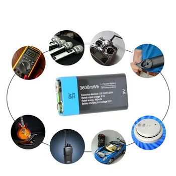 Čisto NOV Etinesan 9V 3600mWh litij-li-ionska polnilna litij-polimer baterija za Mikrofon, GPS, daljinski upravljalnik, igrače ect.