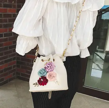 Ženske 2019 novih Cvetje moda enotni ramenski vedro vreča Usnje Cross Body Usnjeni Torbici