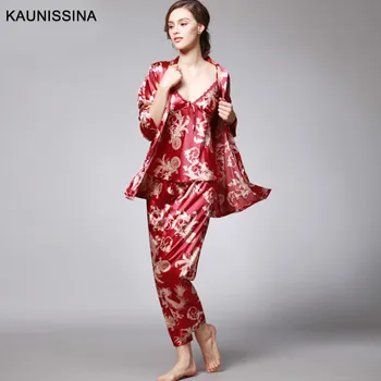 Ženske 3 Kosov Svileno Pižamo Določa Seksi Pižamo Kimono Plašč Natisnjeni Sleepwear Komplet Ženskih More Saten Loungewear Poletje Pomlad