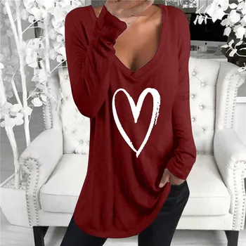 Ženske Majice Srce, ki Tiskanja Dolg Rokav Pomlad Tee 3D Tiskanja Priložnostne Vrhovi 2XL Prevelik Proti-Vrat Gospa Loose T-Shirt Puloverji Oblačila