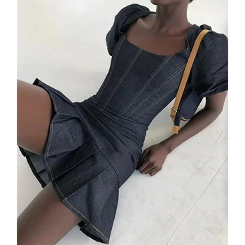 ženske modne francoskem slogu puff rokav slim jeansa mini poletje obleko 2020 novo naguban vroče stranka elastična visok pas črne obleke