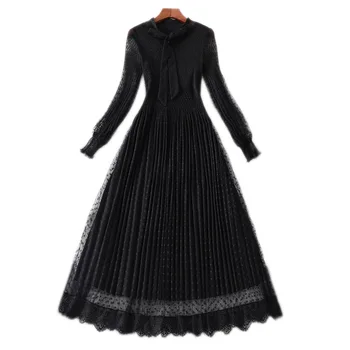 Ženske polka dot dolg rokav black mrežasto obleko gotike lok ovratnik, odsek a-linije elegantne midi obleke 2019 jeseni